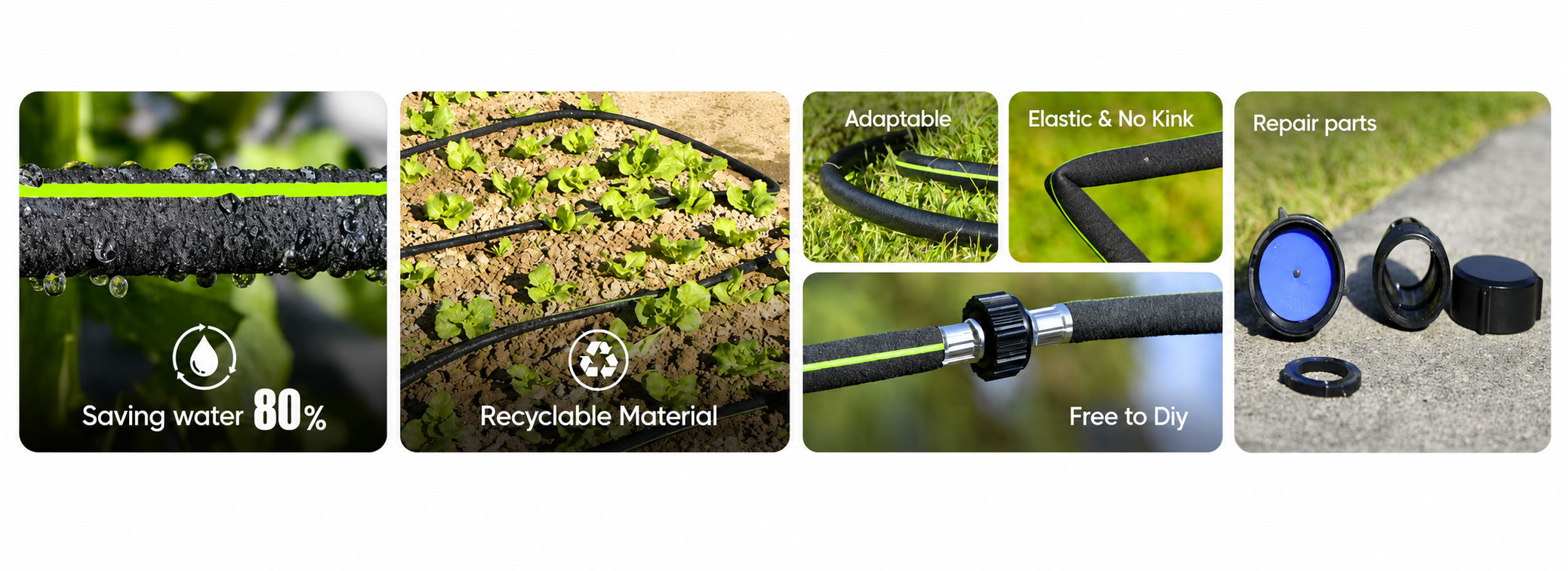 Images of hoses and accessories in a garden setting.