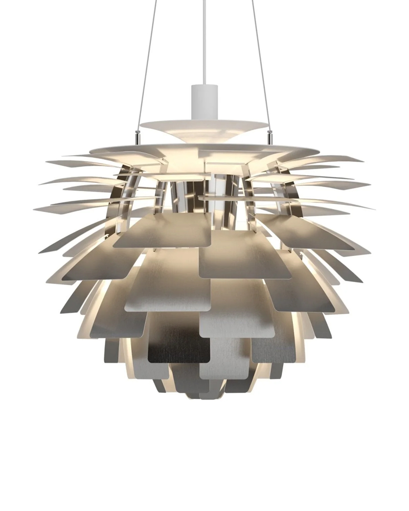 Modern pendant light with layered, leaf-like design in white.