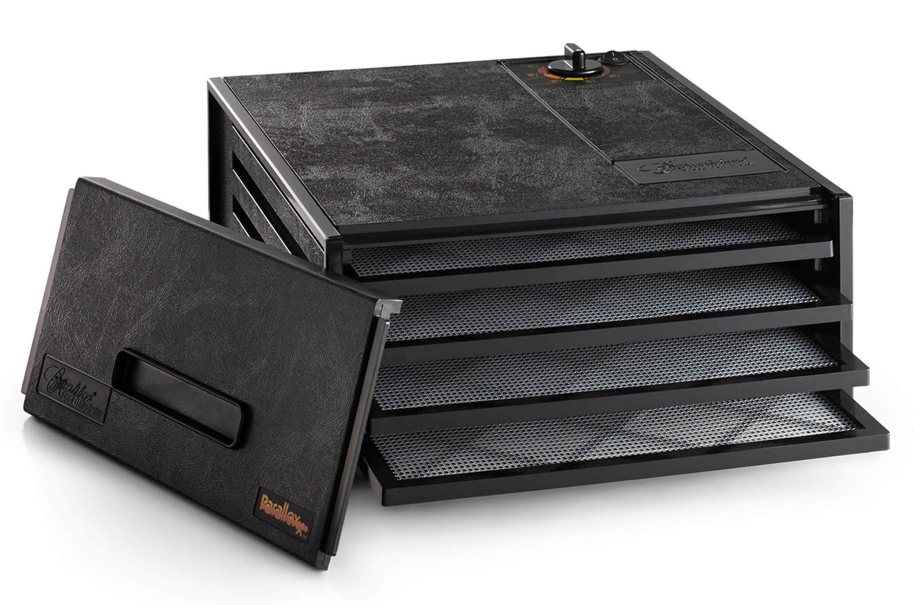 Excalibur 4400 4 tray dehydrator with door propped to the side and trays pulled out,