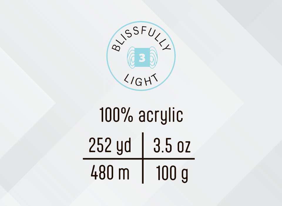 Herrschners Be-Dreamy Yarn Label: Blissfully Light, 100% acrylic, 252 yd, 3.5 oz, 480 m, 100 g.
