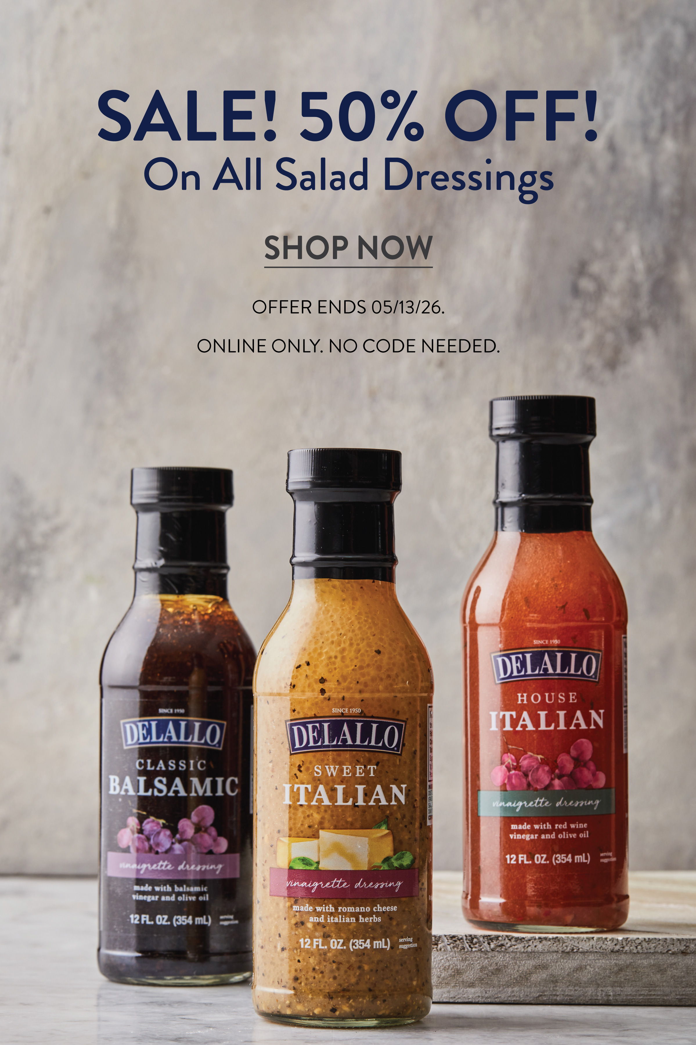 Three salad dressing bottles with a promotional sale banner.