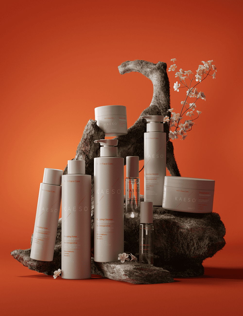 Aesthetic display of skincare products on a natural wooden base against an orange background.
