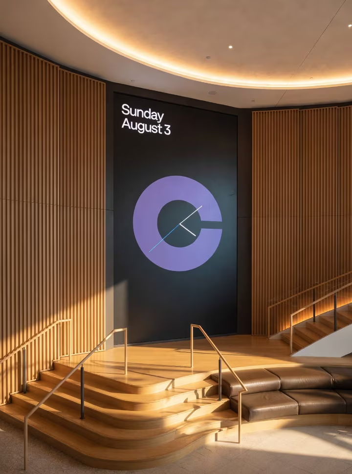Modern interior with a circular graphic and text displaying the date.
