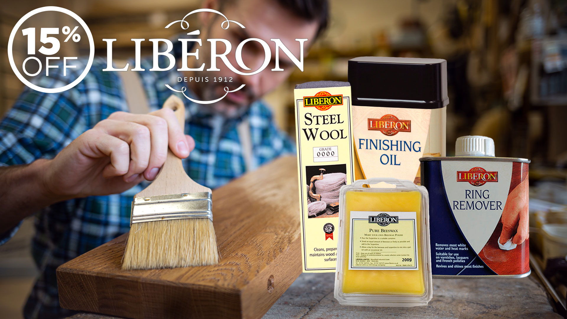 Person applying finishing oil on wood with Liberon products displayed. 15% off.