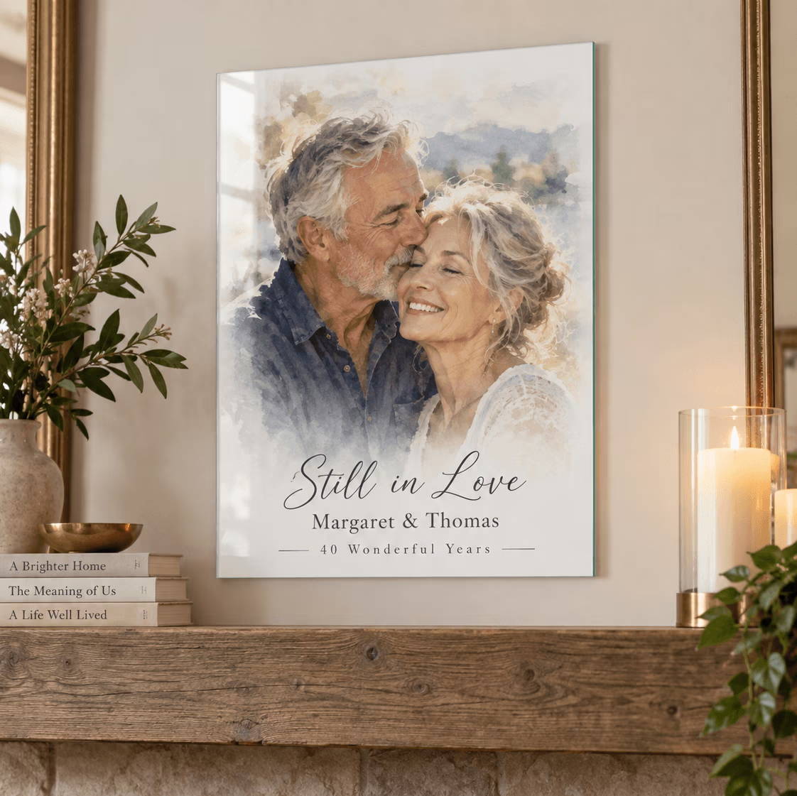 Couple embracing, smiling, with a framed artwork above a fireplace.