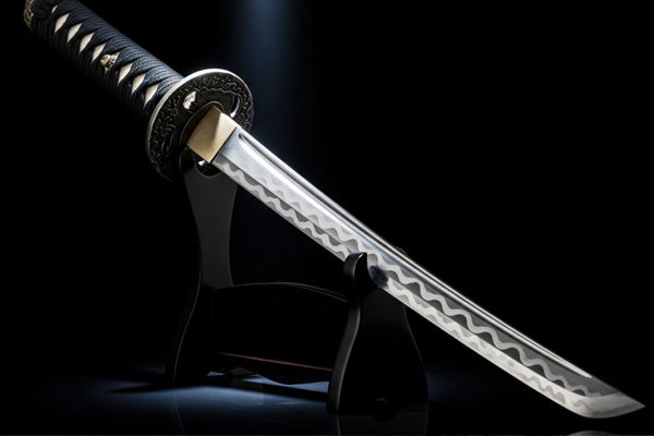 A katana displayed on a stand with dramatic lighting.