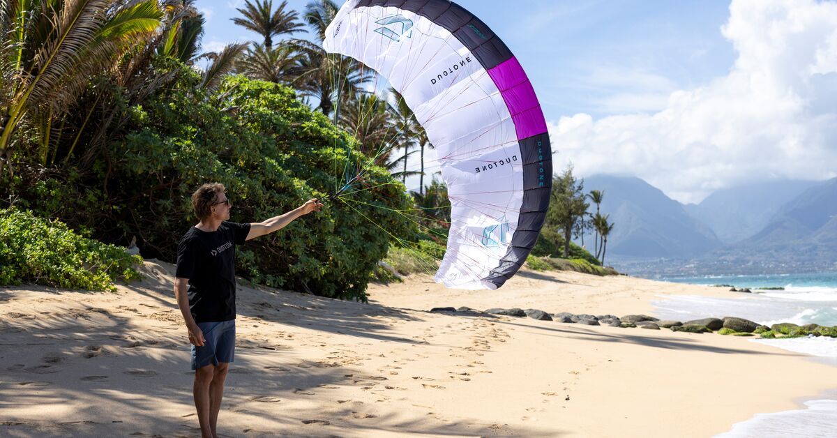 Person flying a kite on a beach with lush greenery and mountains in the background.