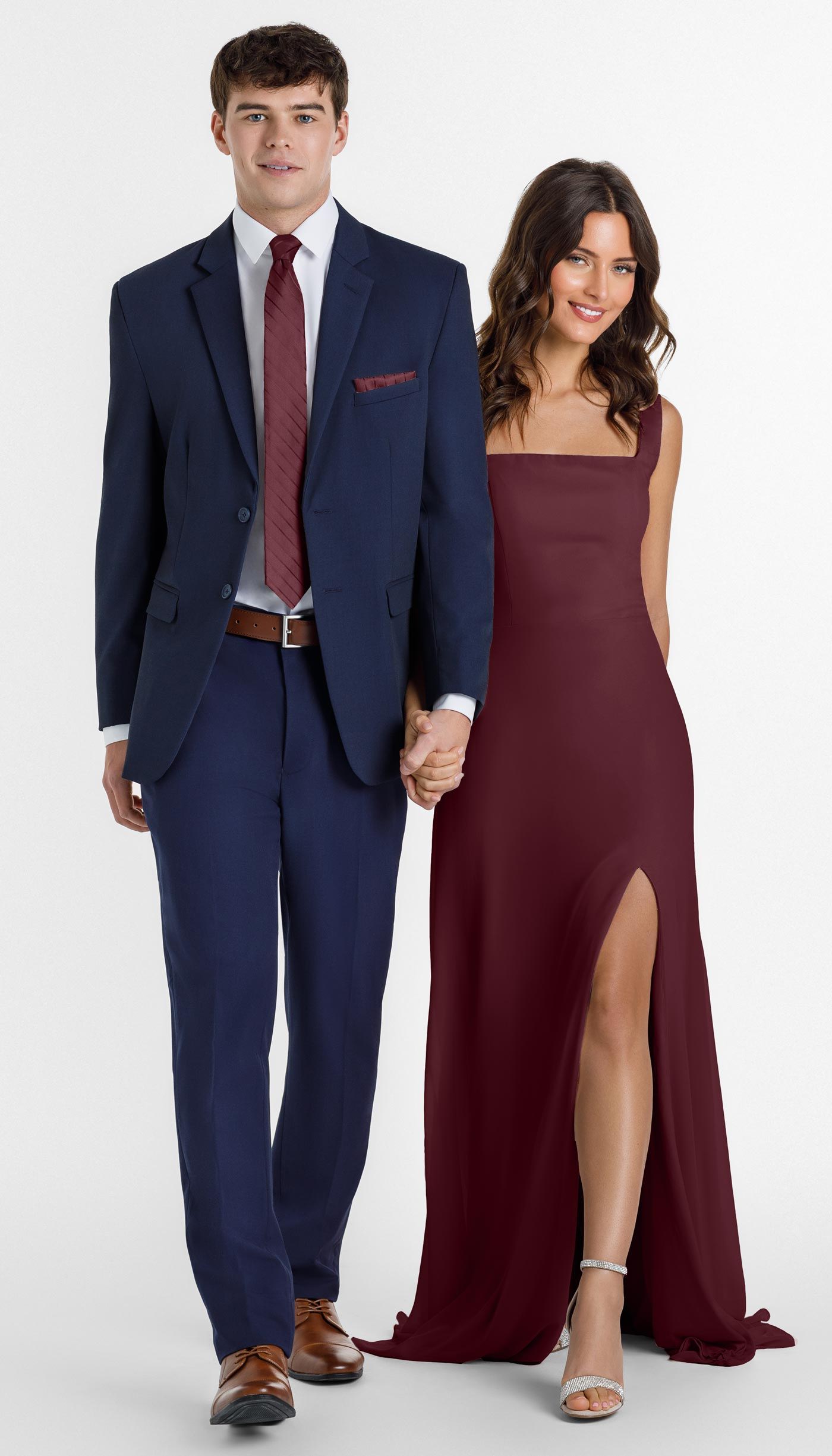 Navy Blue Suit with Maroon Bridesmaid Dress