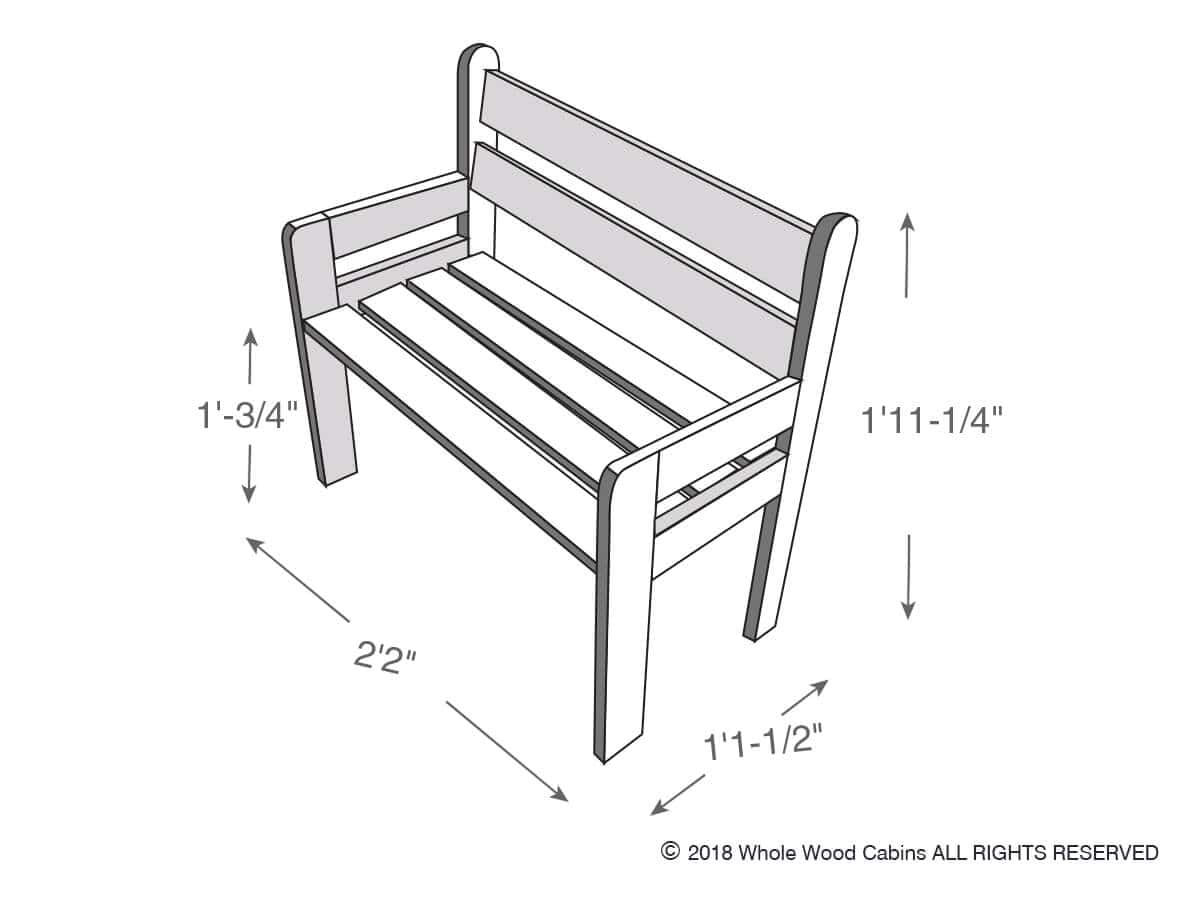 Drawing of a kids bench included in the kids playhouse