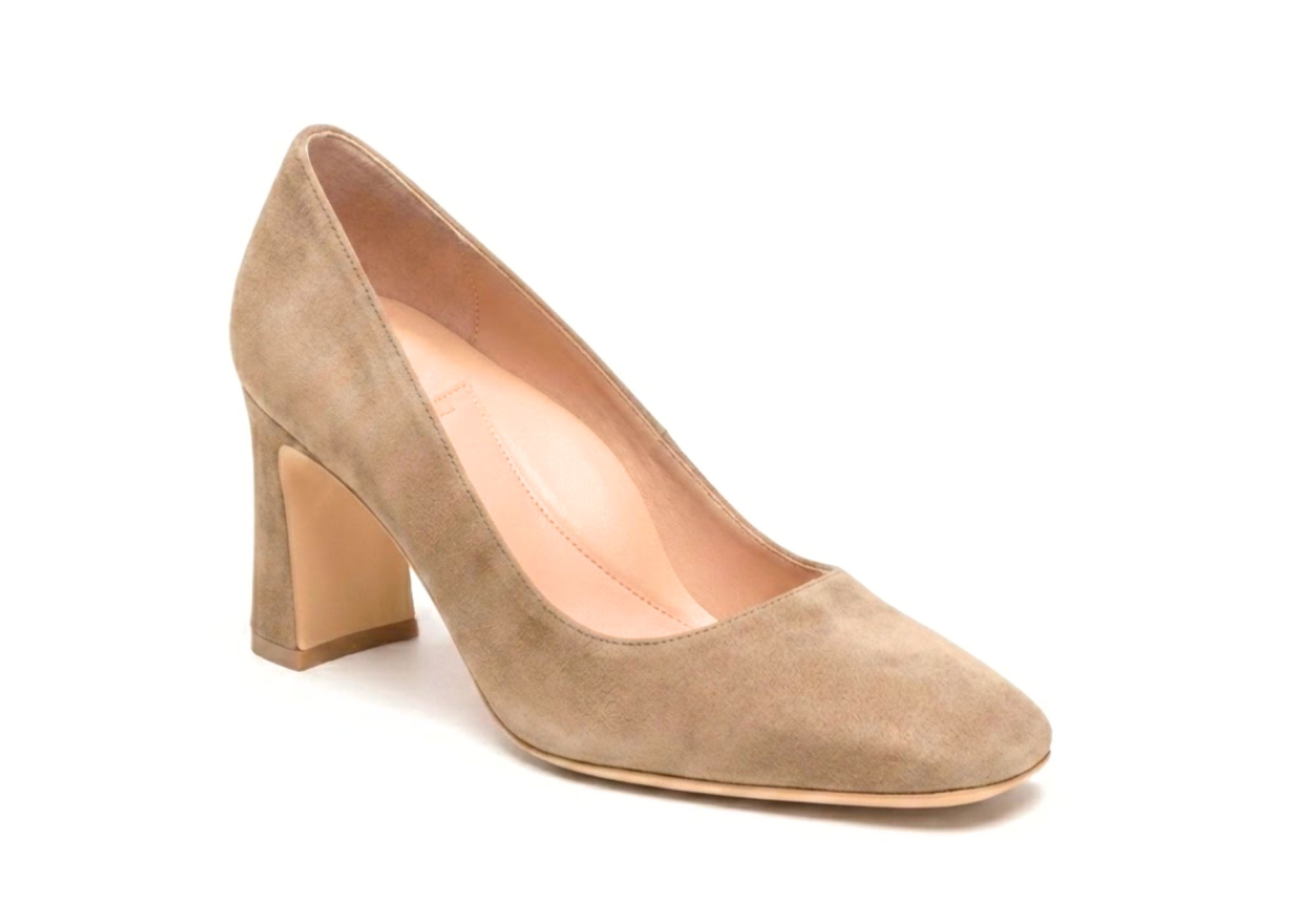 Beige suede high-heeled shoe with a chunky heel.