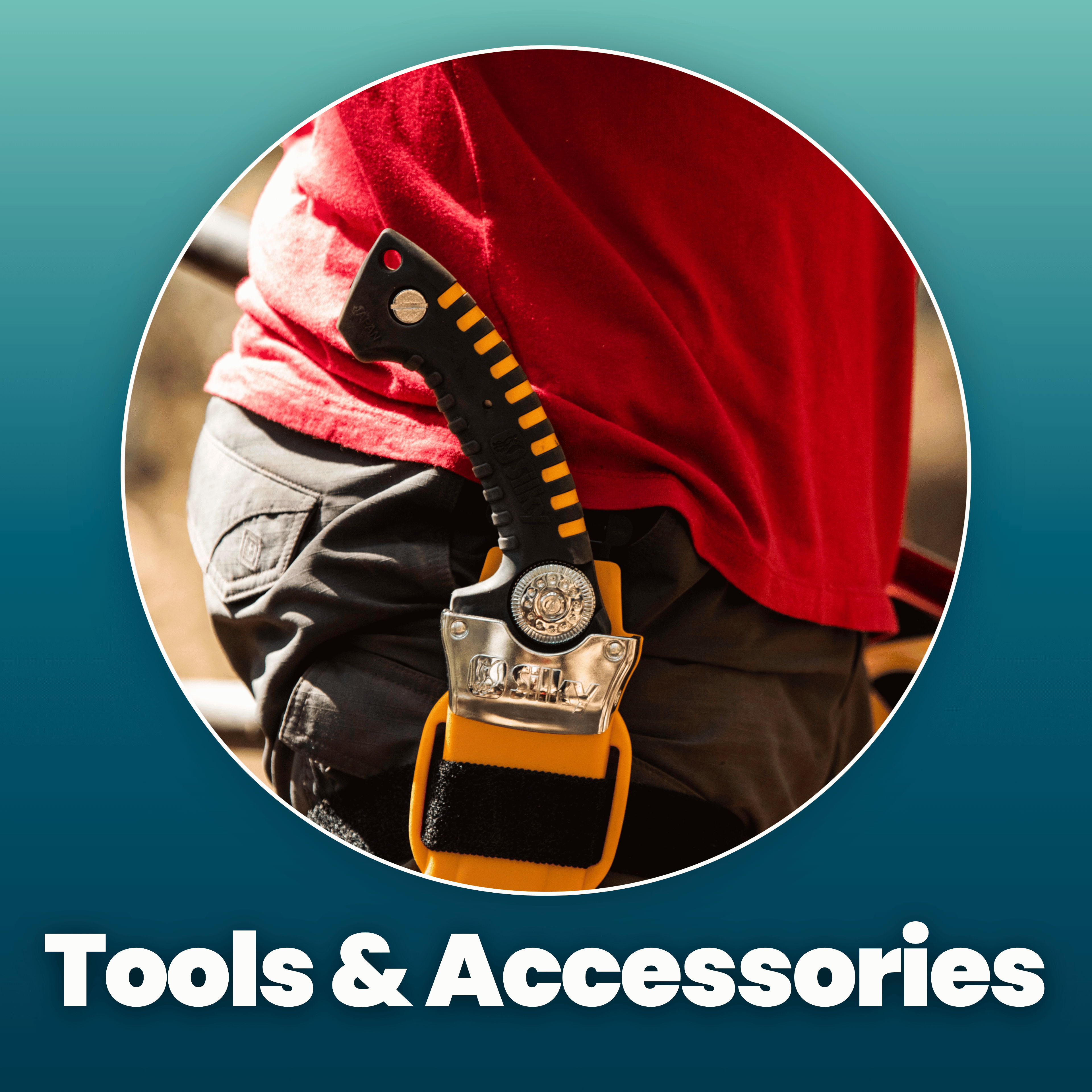 A person wearing a red shirt with tools on their belt.