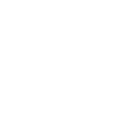White sun icon with rays on a black background.