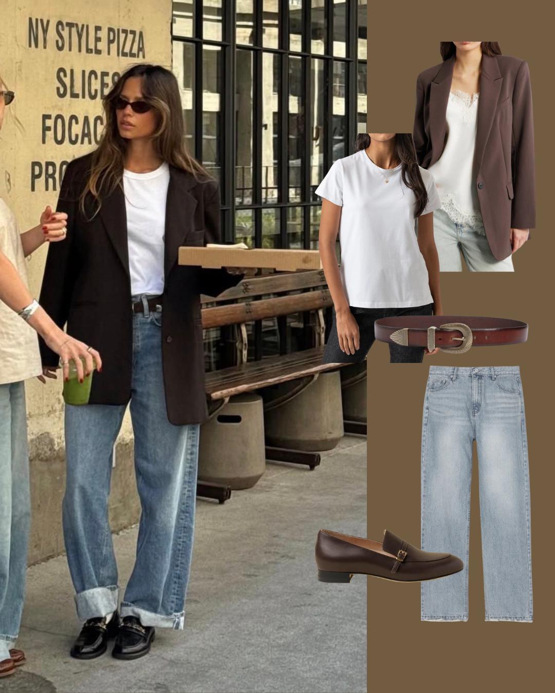 Fashion collage featuring casual outfits and a woman holding pizza.