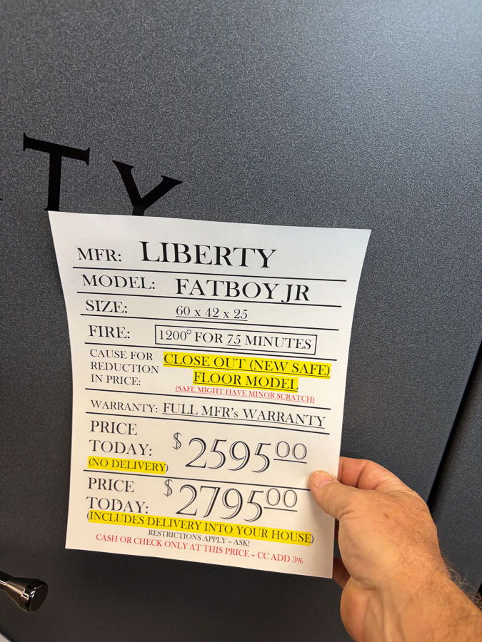 LIBERTY FATBOY JR gun safe exterior with sale price tag on door - SES spring cleaning sale