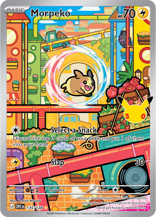 An Illustration Rare Morpeko Pokémon Card from 30th Celebration.