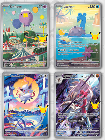 Four illustration rare Pokémon cards from the upcoming 30th anniversary set.