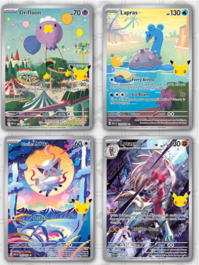 Four illustration rare Pokémon cards from the upcoming 30th anniversary set.