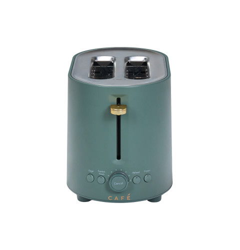 A green toaster with two slots and control buttons.