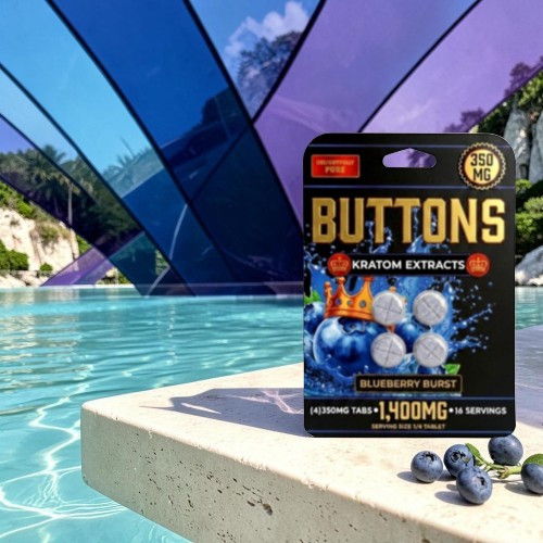 Package of blueberry-flavored extracts by a pool with colorful umbrellas.