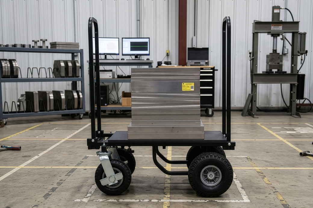 A Proaim UC5 on the test floor, loaded to 200 kg with calibrated plates