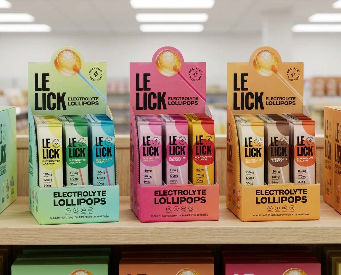Colorful electrolyte lollipop packages displayed on a wooden shelf.
