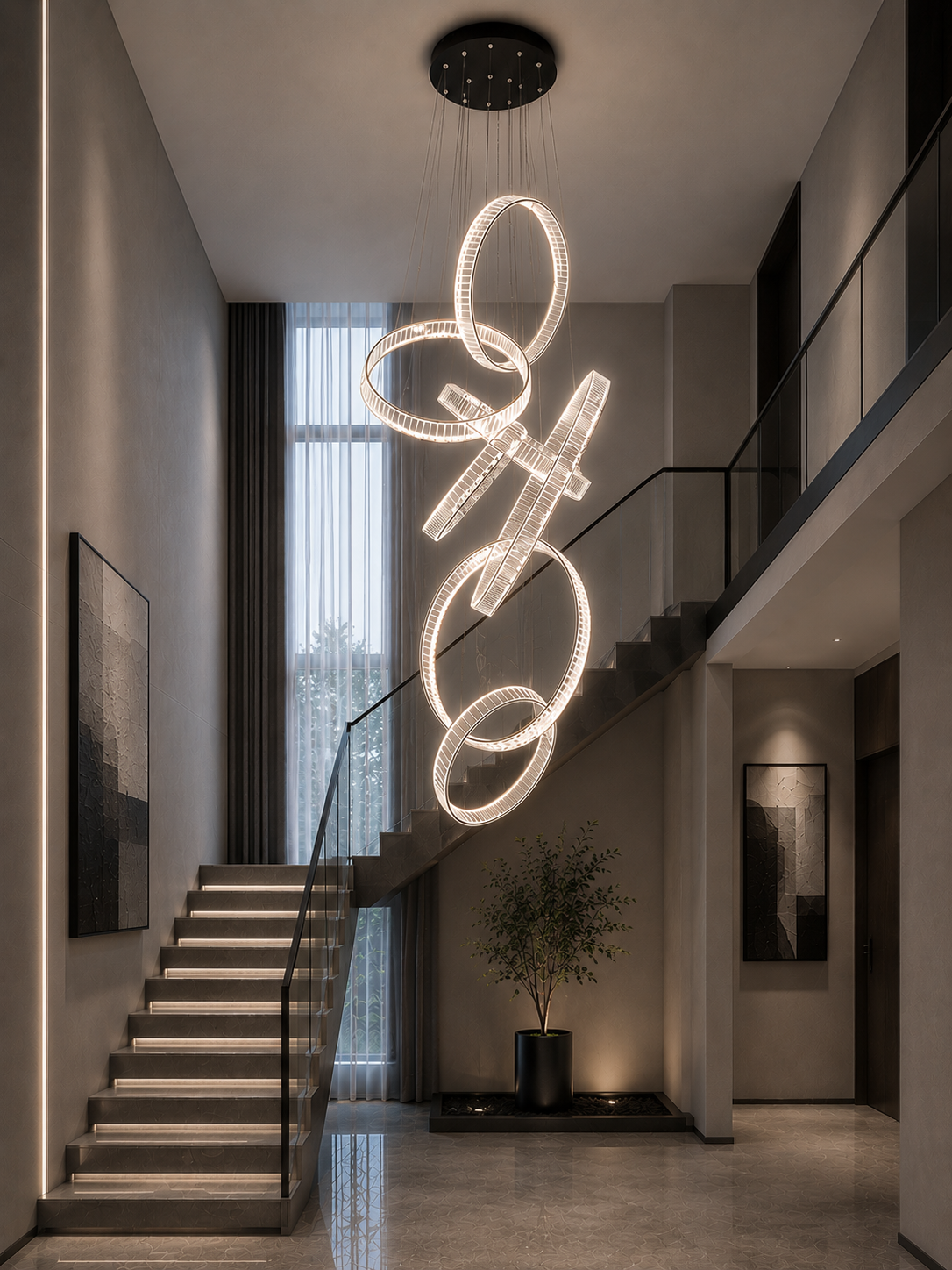 Vertical crystal ring chandelier in a straight staircase void, lit warm white, with treads and landing visible