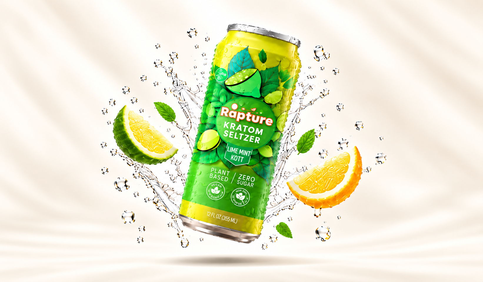 A can of lime-flavored drink with splashes and citrus fruit around it.