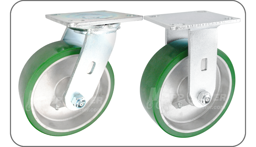 Green Polyurethane on aluminum Swivel & Rigid plate casters - Best Rolling, Heavy duty ball bearings, rust resistant, floor protective, non marking, nsf certified