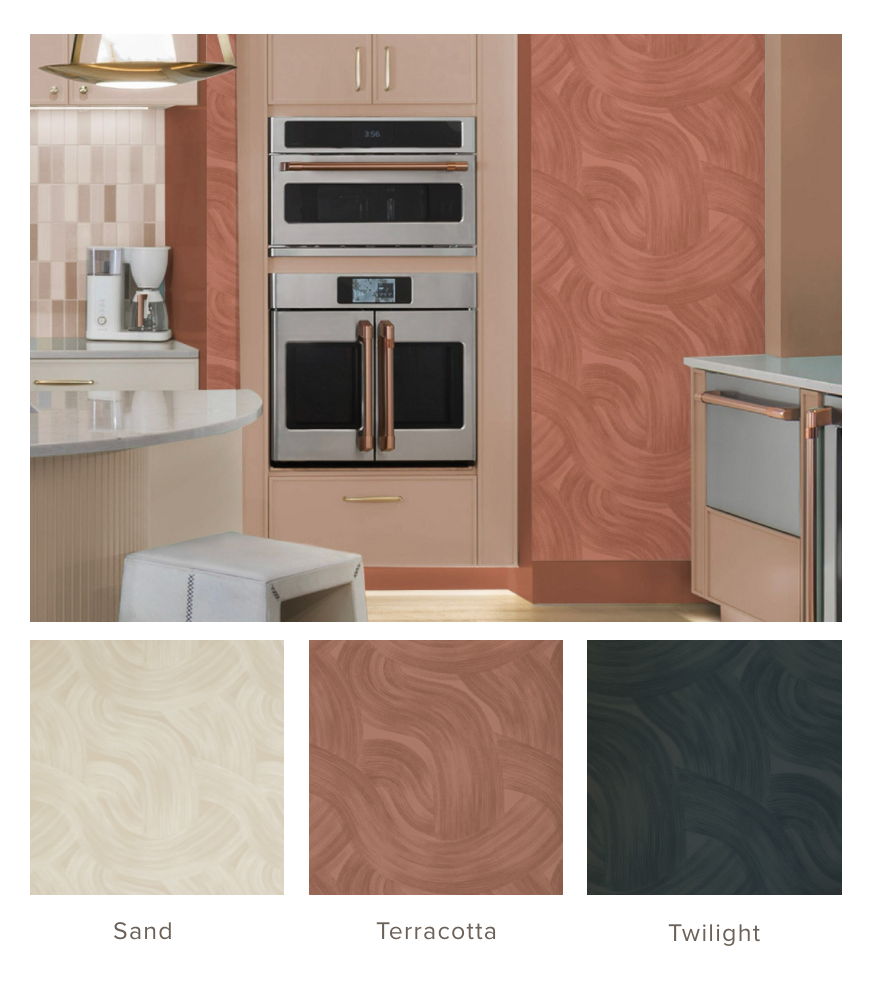 Modern kitchen design featuring appliances and three color swatches: Sand, Terracotta, Twilight.