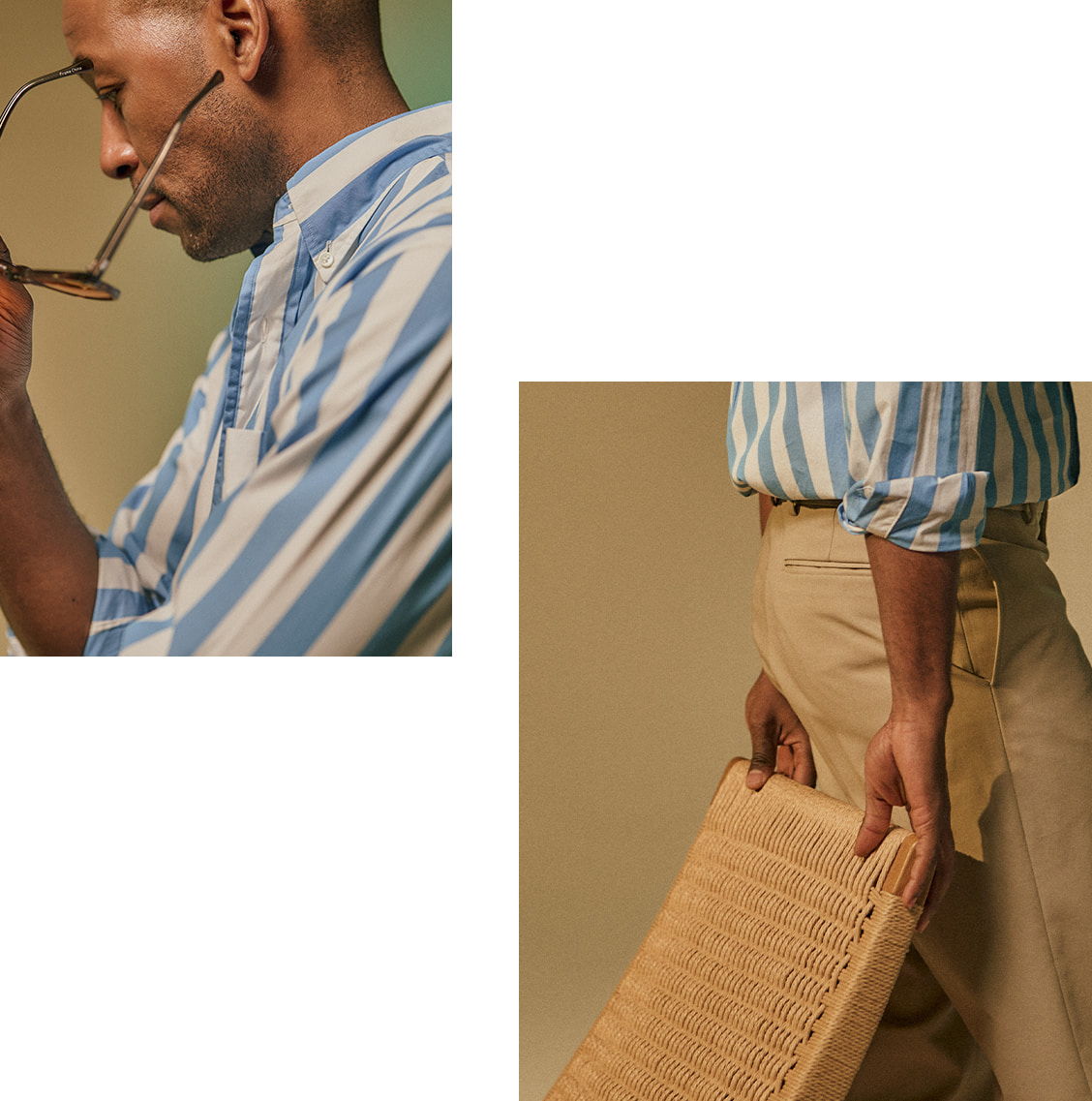 A person holding sunglasses and a woven object, wearing a striped shirt.