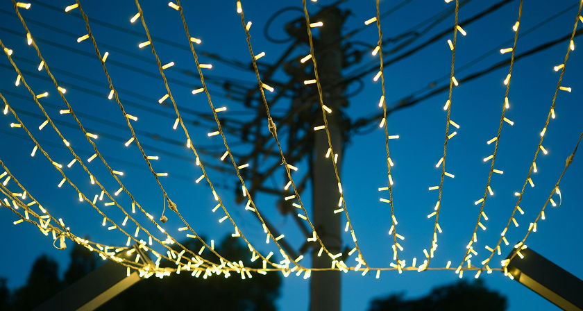 Canopy of warm LED string lights against a twilight sky for an outdoor evening event.