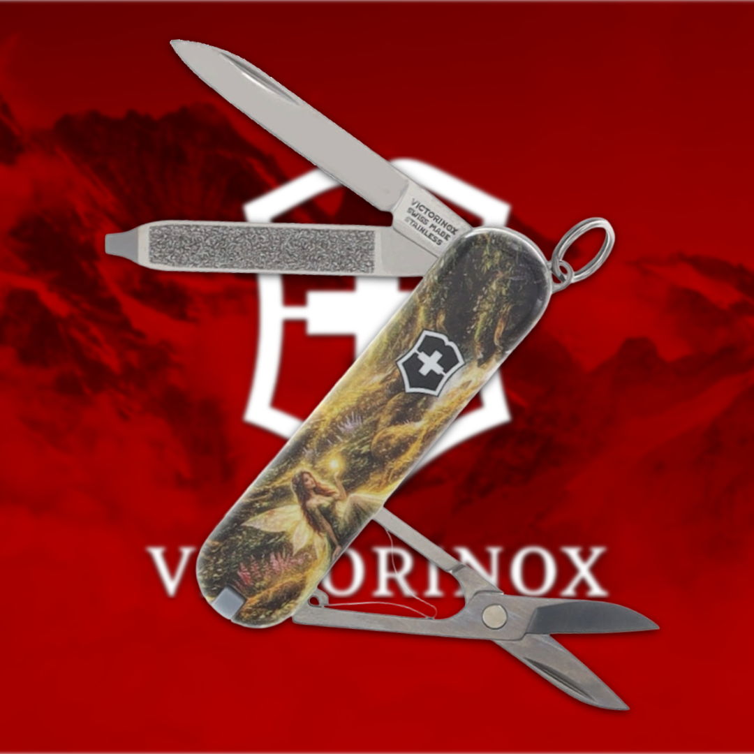 Victorinox Swiss Army knife with multiple tools on a red background.