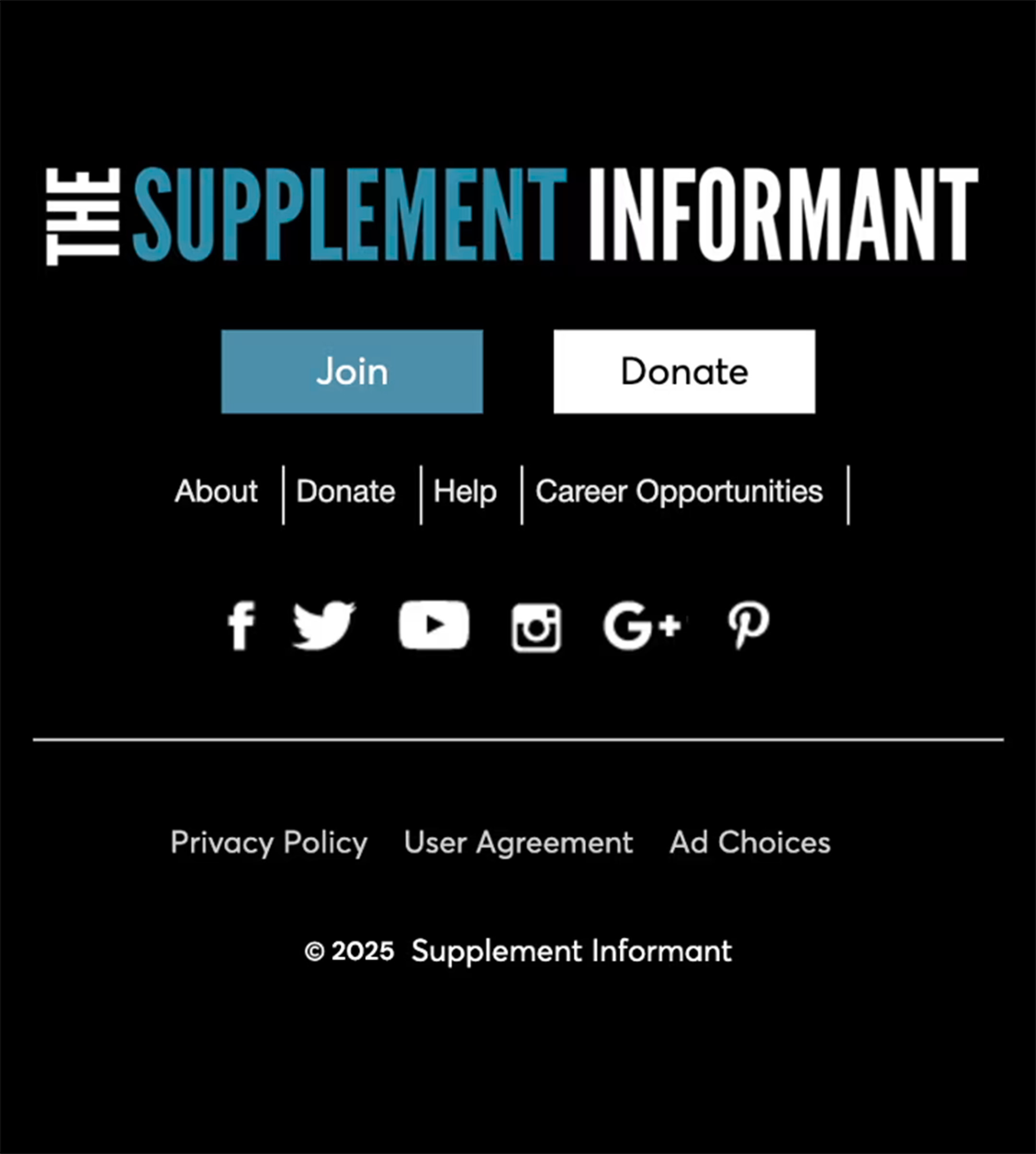 Footer of The Supplement Informant website with navigation links and social media icons.