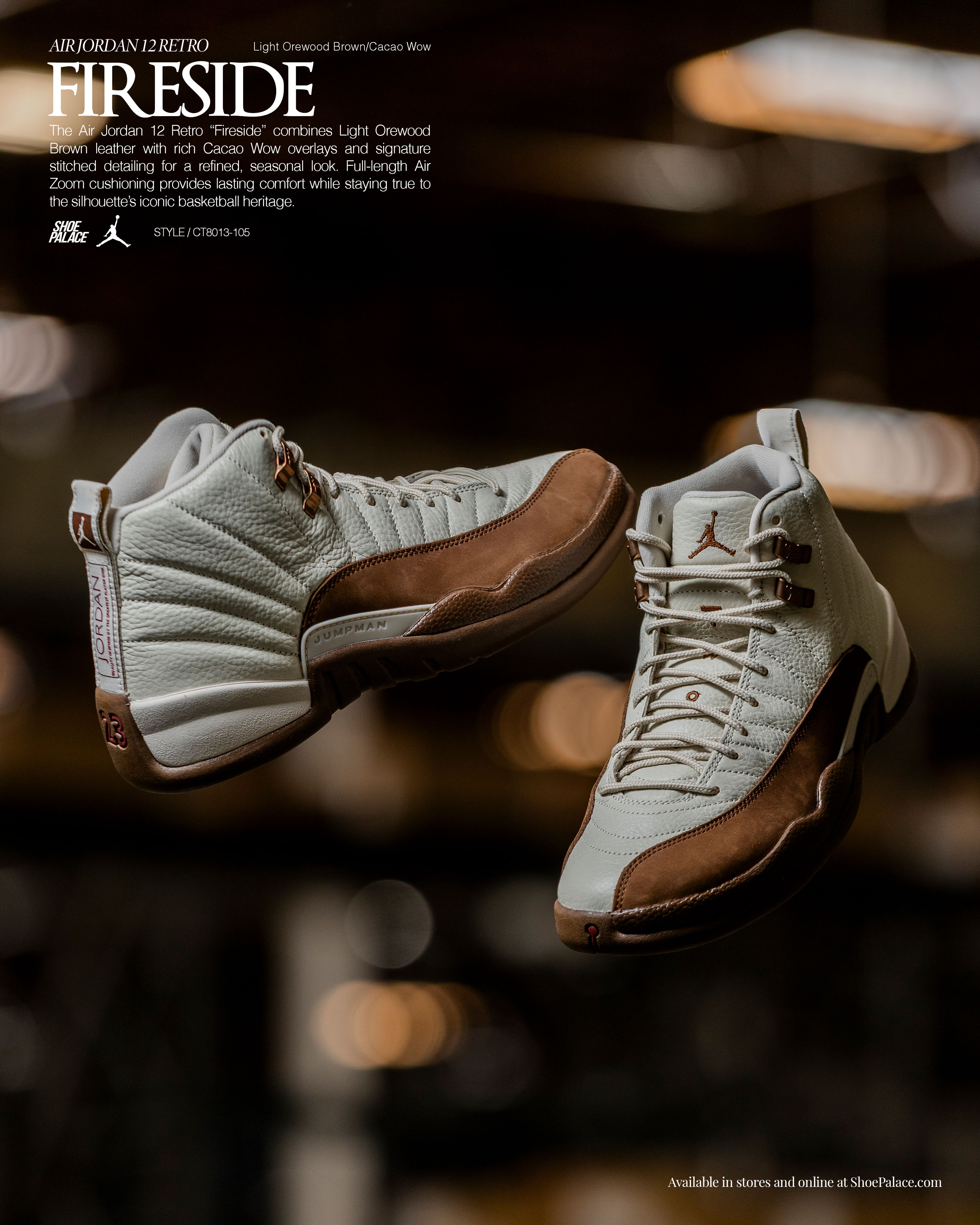 A pair of Air Jordan 12 sneakers in white and brown colors.