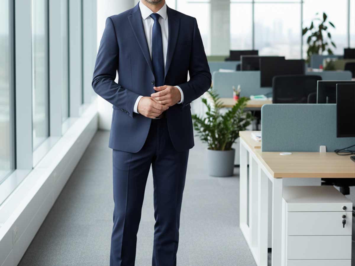 Man wearing a navy suit and tie in an office setting