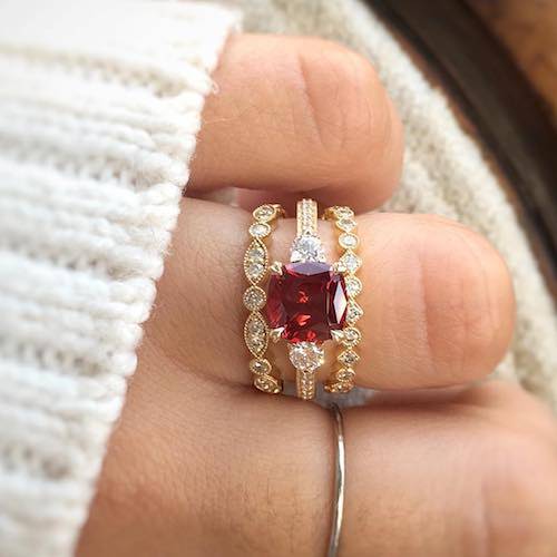 three stone ruby engagement ring stack