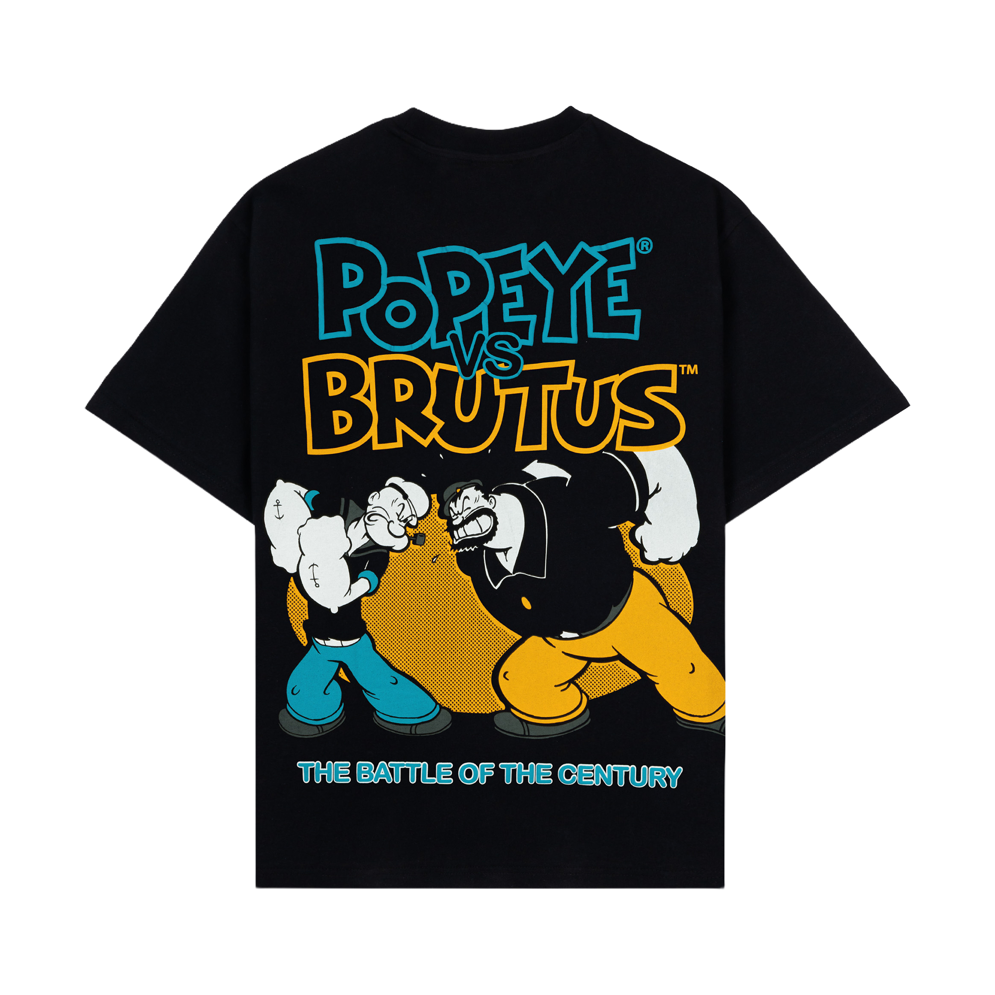 Black t-shirt with colorful text on the front.