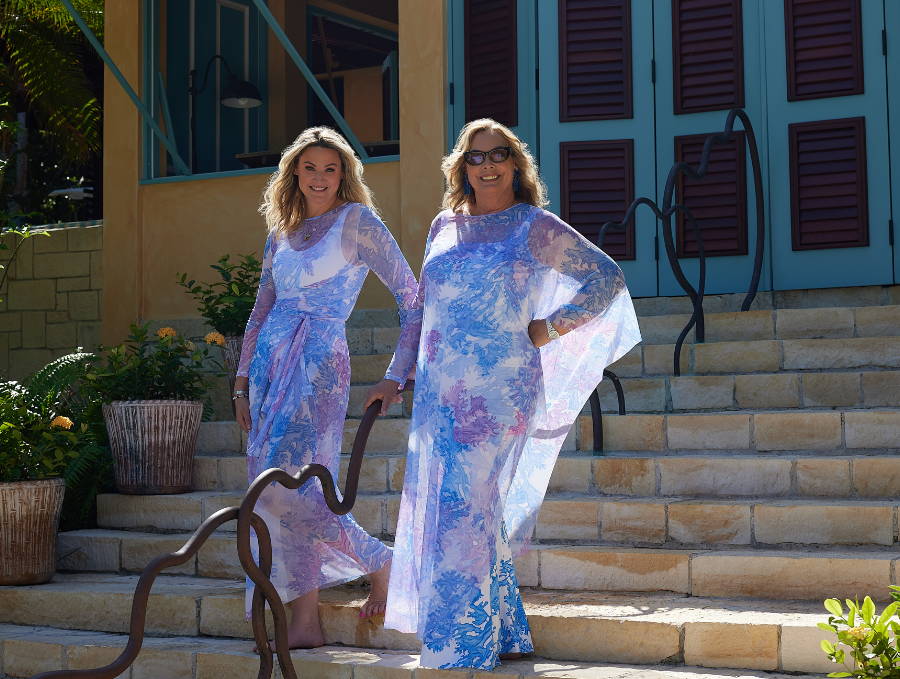 Ala and Sunny wearing blue coral printed mesh toppers by Ala von Auersperg for resort 2023