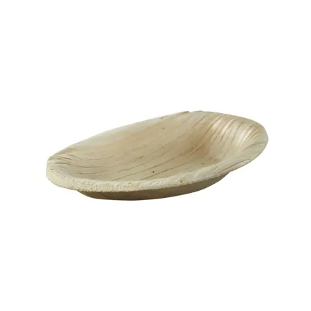 An egg shaped palm leaf plate