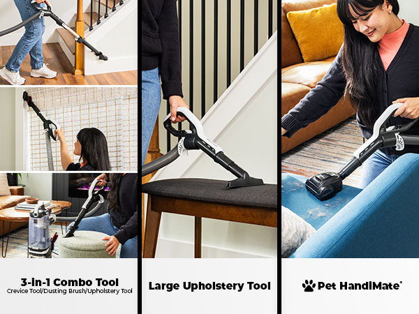 Various vacuum tools in use for cleaning different surfaces.