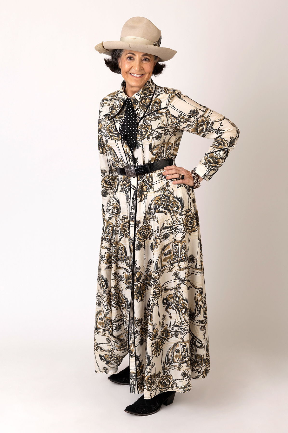 Cheryl wearing the Petrol Plaid Dress with a vintage tie and Double D Ranch jewelry and accessories. 