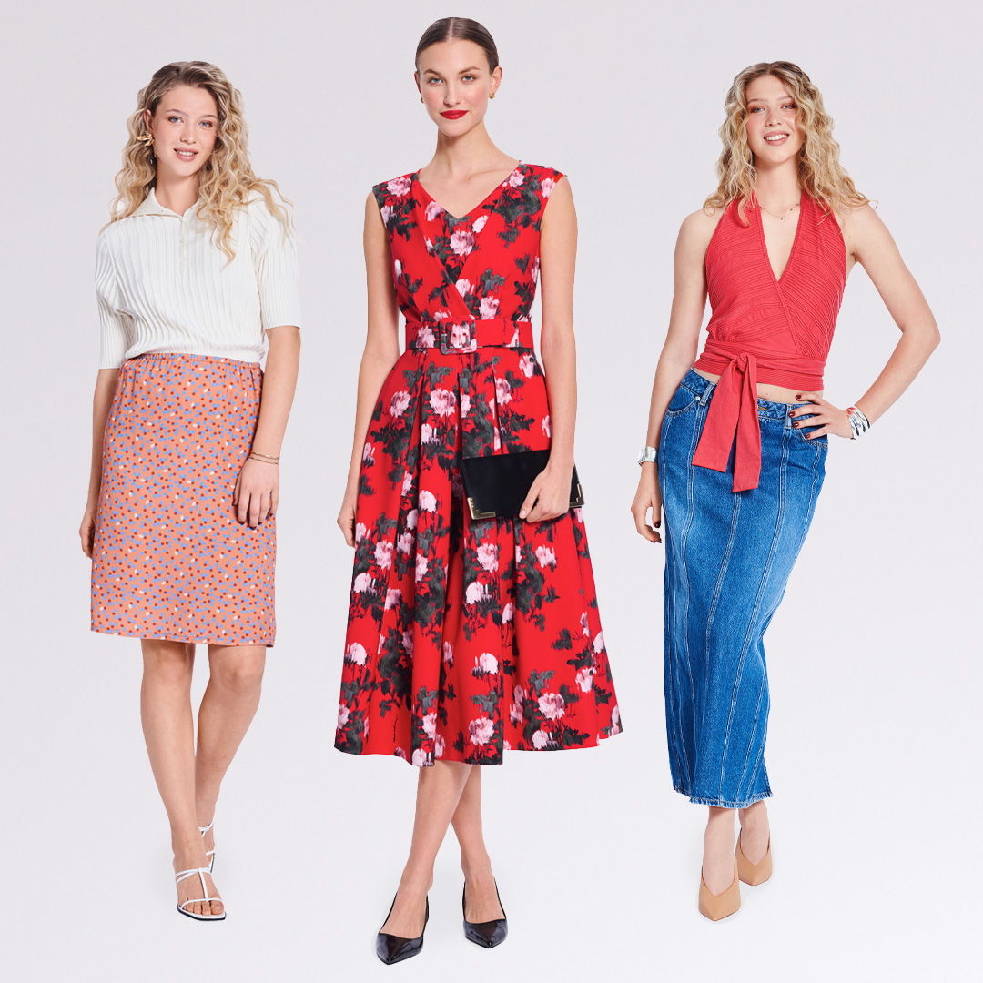 Three women modeling different outfits against a light background.