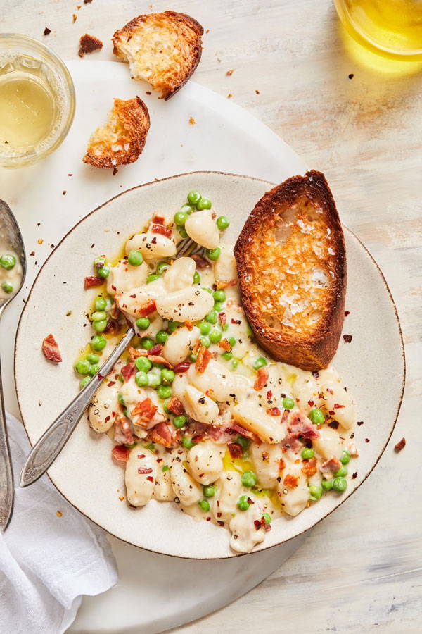Gluten-Free Sweet Pea Bacon Gnocchi Mac and Cheese