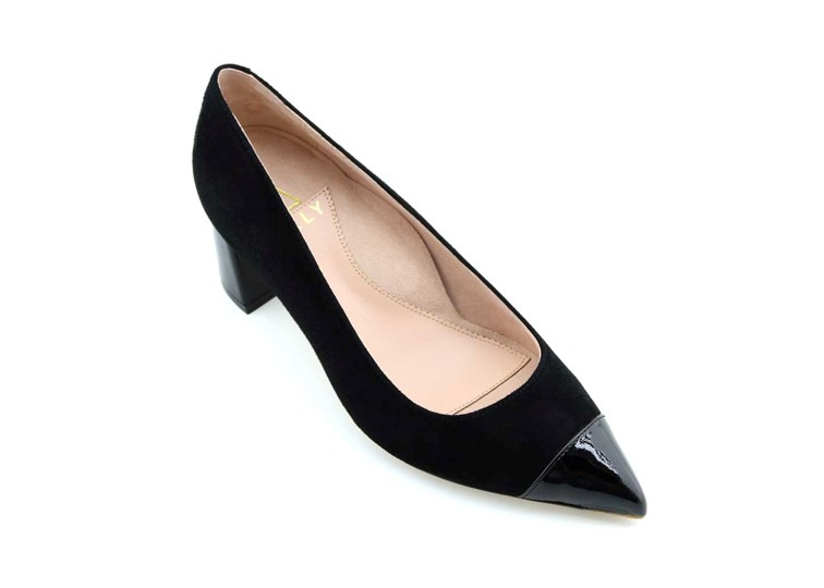 Black high-heeled shoe with a transparent block heel and pointed toe.