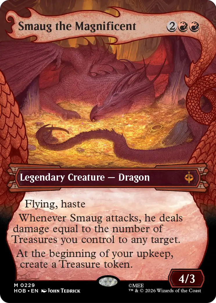 The card Smaug the Magnificent from the MTG the Hobbit crossover in the Dragon Hoard alternative art treatment.