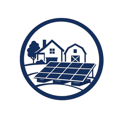Icon of houses and solar panels within a circular border.