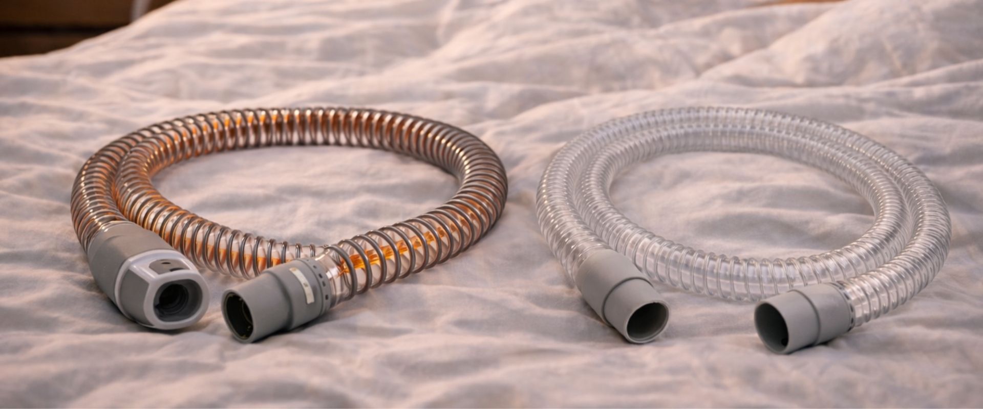 Two flexible hoses, one clear and one orange, laid on a surface.