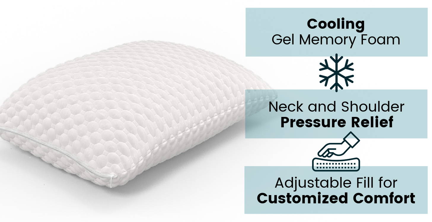 CBD and copper infused pillow on a white background that has cooling gel memory foam, gives neck and shoulder pressure relief, and is customizable with adjustable fill for comfort.