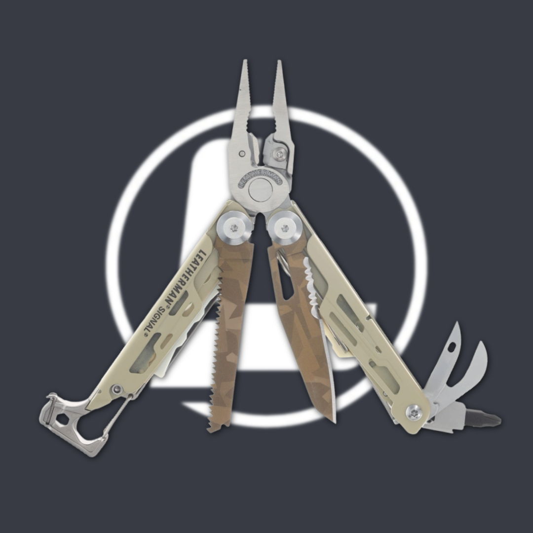 Multitool with pliers, knives, and additional tools on a dark background.