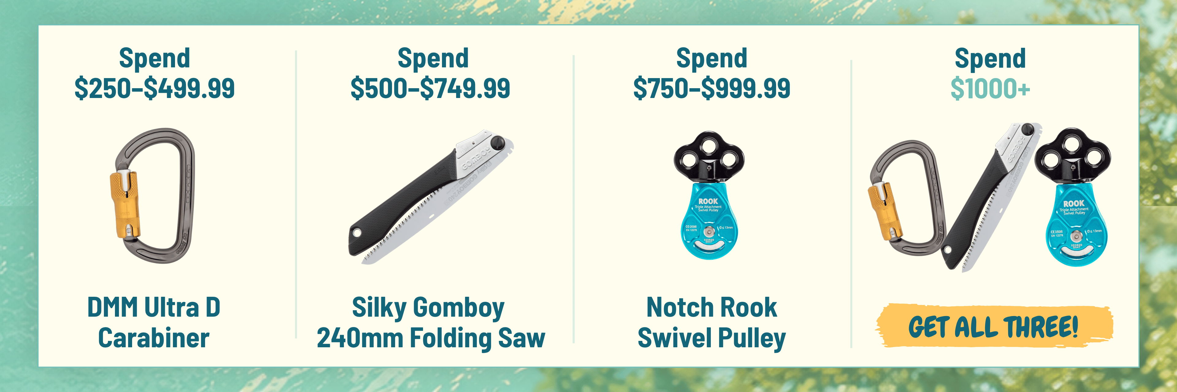 Four outdoor tools with prices displayed on a light background.